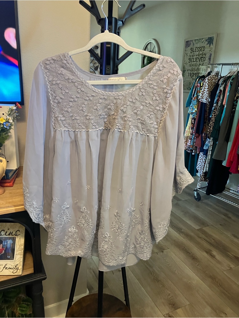 Solitaire dusty lavender embroidered butterfly sleeves blouse